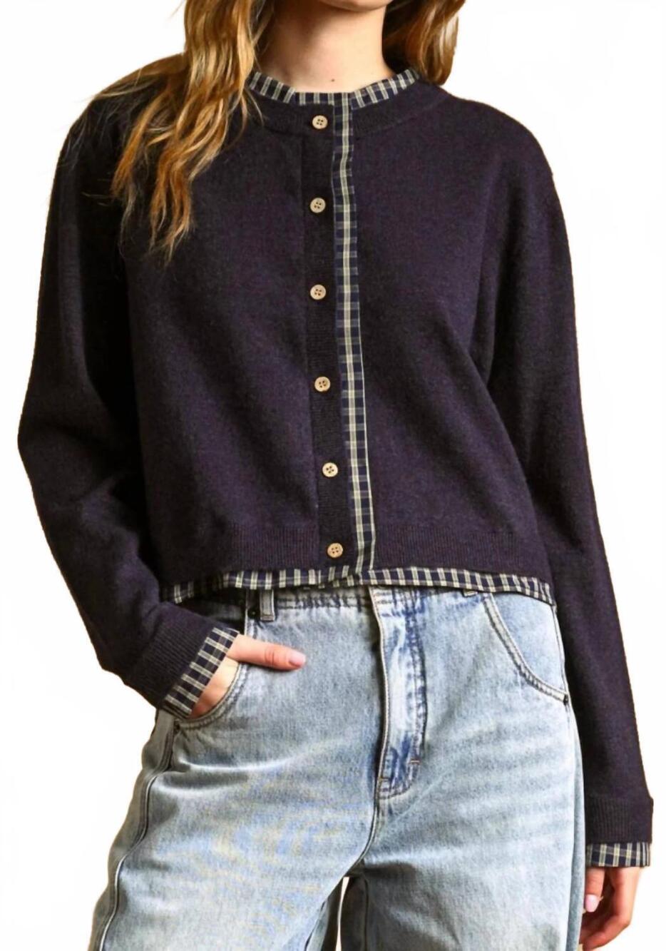 NEW MIOU MUSE plaid contrasted button front cardigan in navy